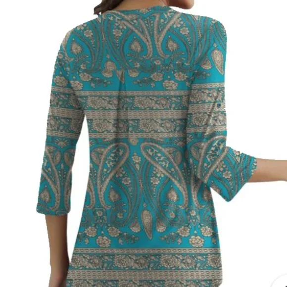 Traleubie Turquoise Paisley Zip Tunic Top whimsigoth Swing Blouse L - Picture 7 of 8